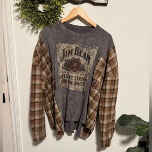 Reworked Jim Beam Graphic Mixed with Plaid Flannel Sleeves